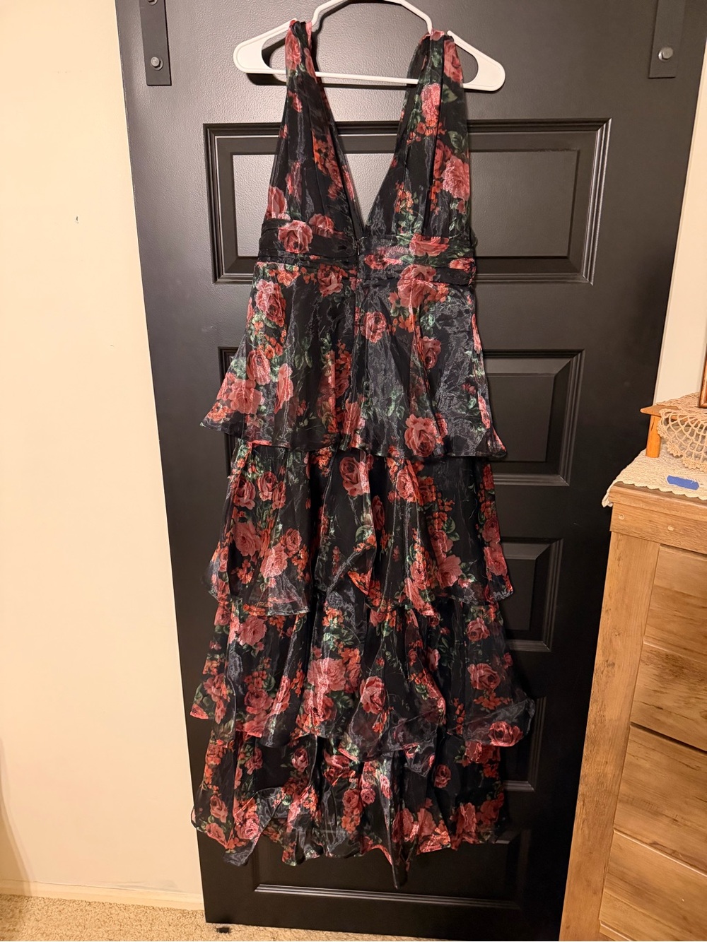 Black Floral Tiered V-Neck Women's Dress